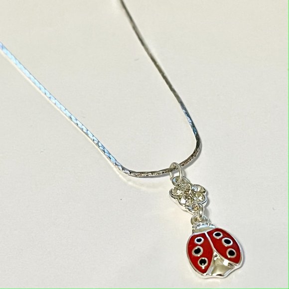 Silver Red Ladybug Pendant Necklace Crystal Plated 18" Chain Insect Enamel - Picture 5 of 12